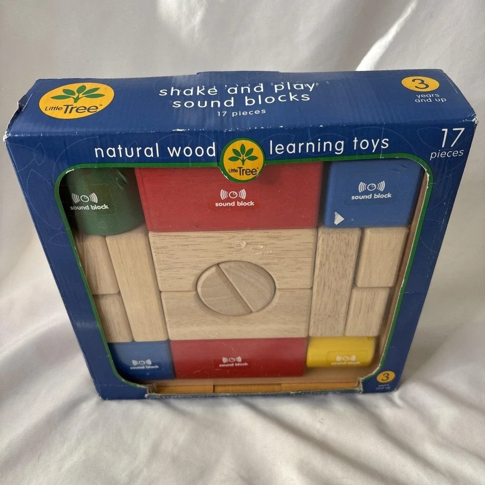 Vtg Little Tree Natural Wood Learning Toys Shake & Play Sound‎ Blocks 17 Pc NEW